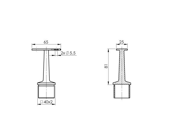 Handlaufstütze Starr für 40 x 40 x 2,0 mm flach V2A, matt gebürstet